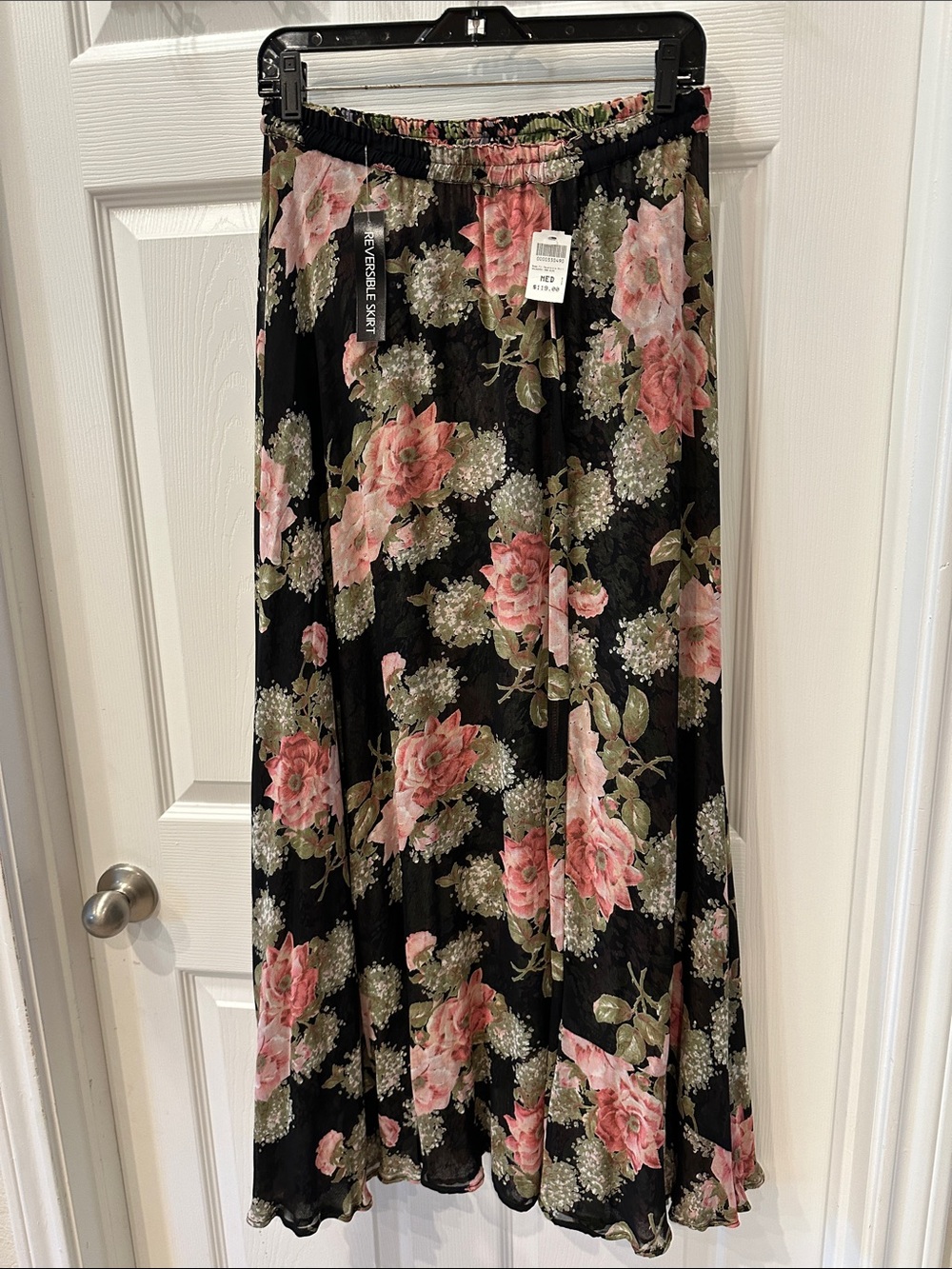 Coldwater Creek Maxi Skirt Black with Pink Floral Print-Reversable NWT size M